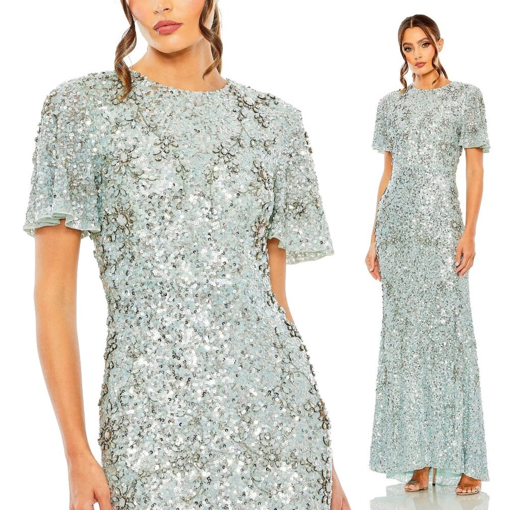 MAC DUGGAL | FLUTTER SLEEVE SEQUIN HIGH NECK DRESS #93932